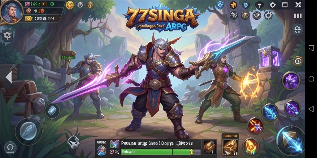 Tangkapan layar utama 77SINGA menunjukkan pertempuran seru dalam gameplay ARPG.