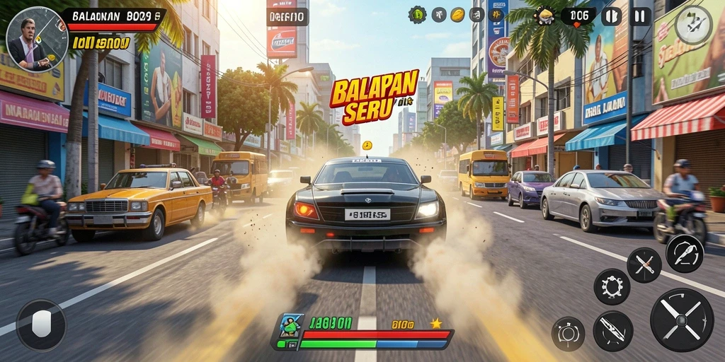 Tampilan layar utama <strong>D06</strong> menunjukkan aksi balap yang mendebarkan.