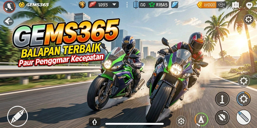 Tampilan gameplay GEMS365 yang intens dan kompetitif saat balapan motor.