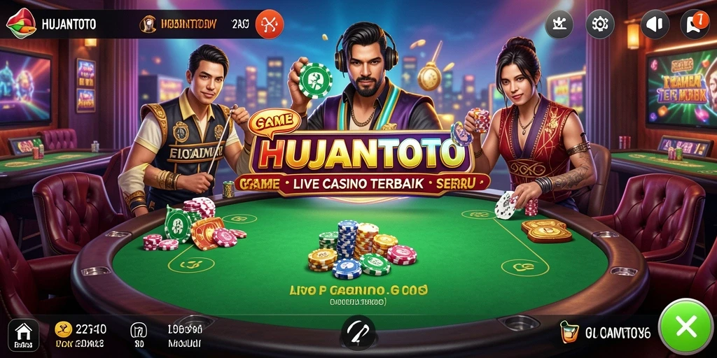 Screenshot gameplay HUJANTOTO menampilkan dealer yang ramah dan suasana kasino yang mendebarkan.