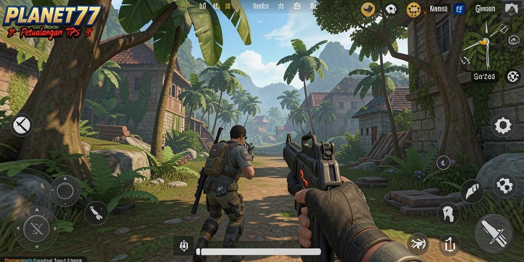 Tampilan gameplay menegangkan dalam <strong>PLANET77</strong> menunjukkan aksi seru pertempuran TPS.