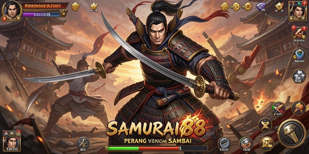 Screenshot gameplay SAMURAI88 menampilkan aksi pertempuran yang mendebarkan.